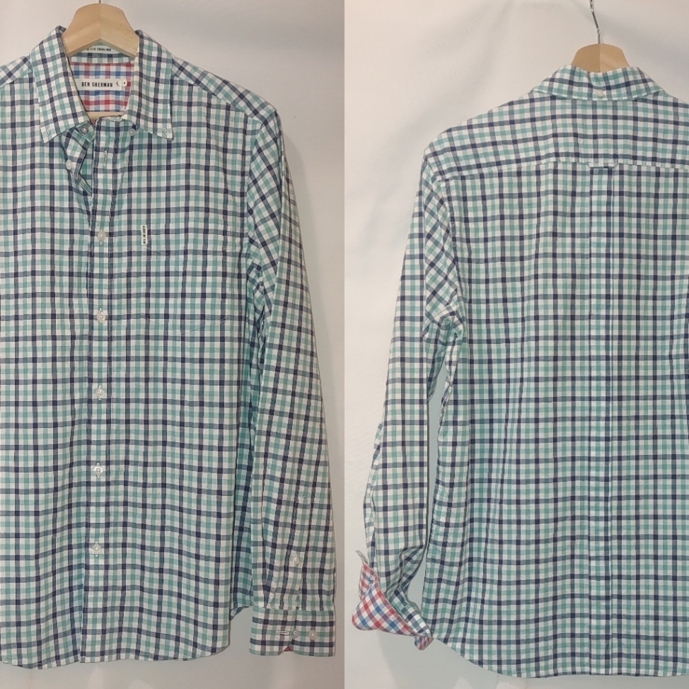 Ben Sherman The‎ House Gingham Shirt Button Front Long Sleeve Green Blue Medium